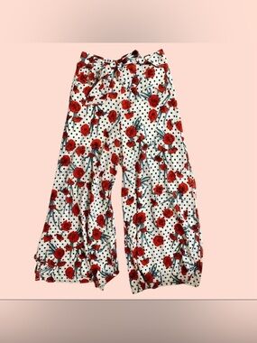 FOREVER21 Floral Polka Dot Print Wide-leg Slit Pants